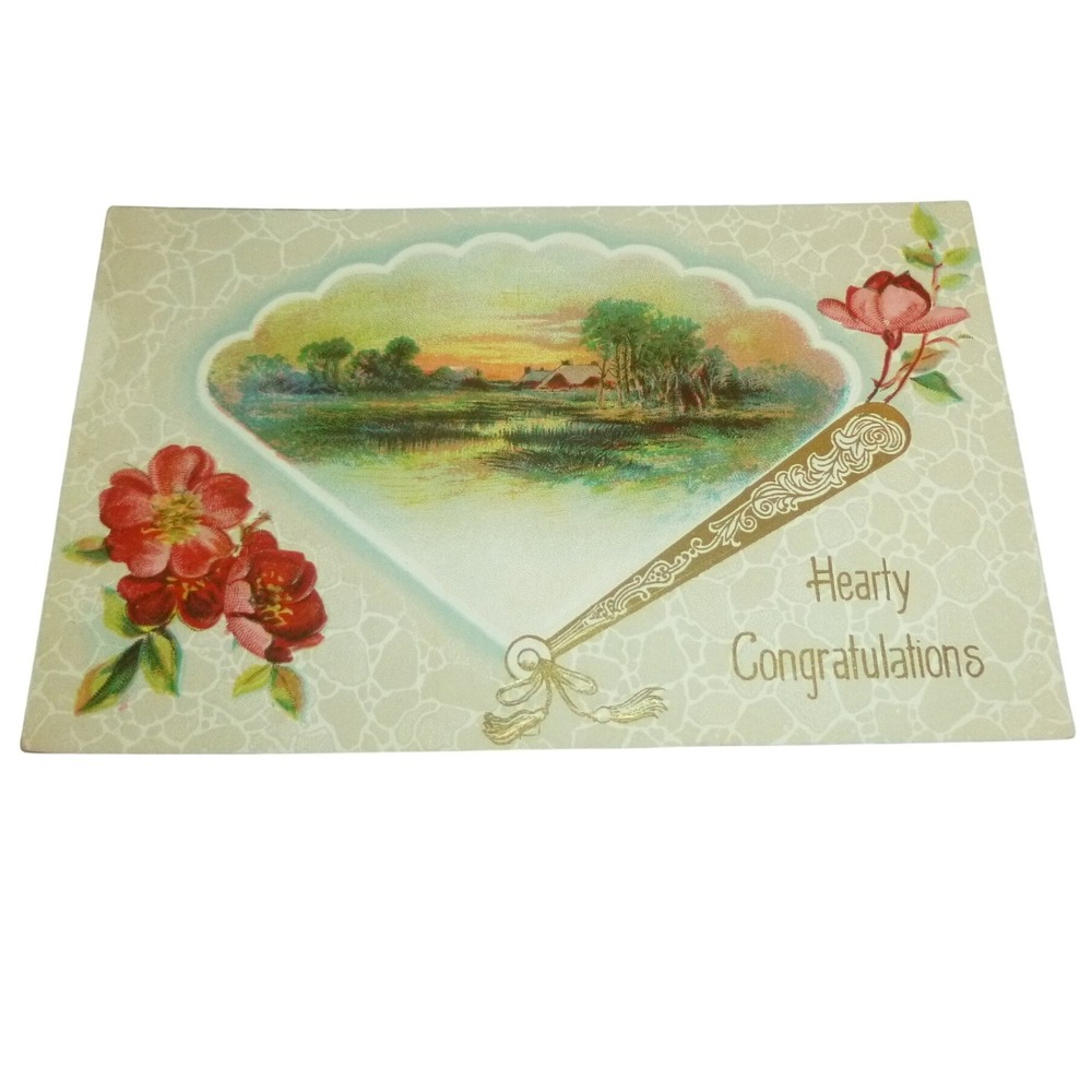 Antique‎ Hearty Congratulations Postcard Embossed Fan Landscape Floral Unposted